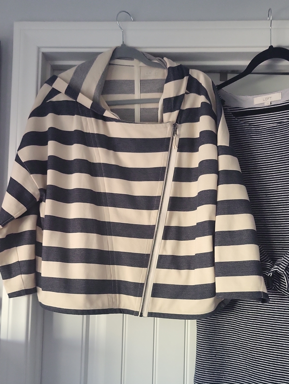 LOFT Navy and Cream Striped Top